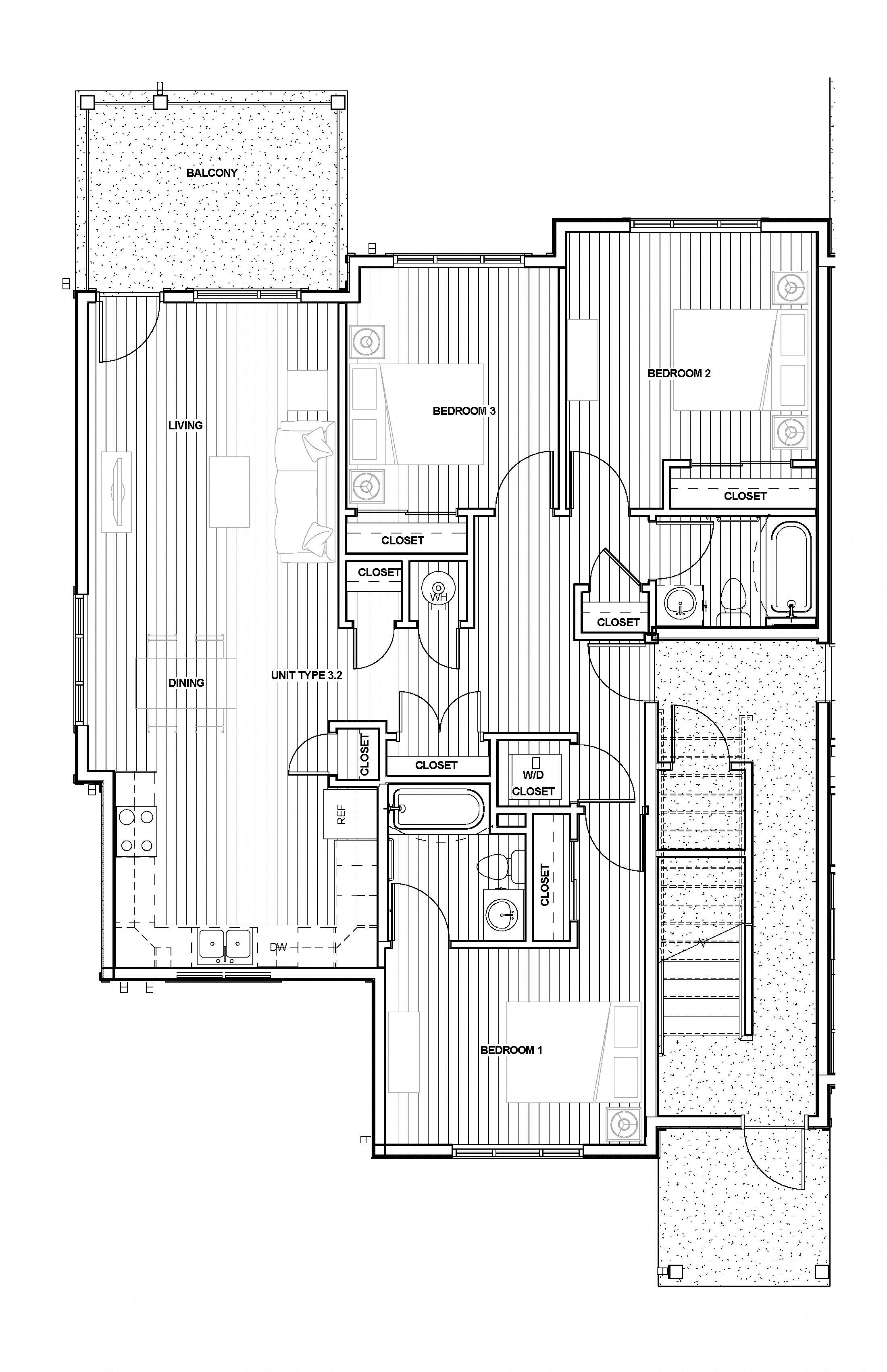 Floor plan for 3 beds, 2 baths, 1210 sqft